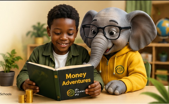 Child reading a Finance Wiz money adventure with a friendly elephant mascot